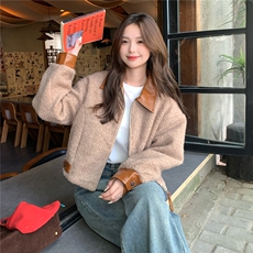 美式PU皮撞色拼接短款毛呢外套女秋冬2025新款炸街御姐轻熟风大衣，女装毛呢外套，2D148