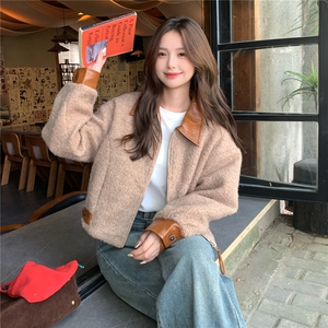 美式PU皮撞色拼接短款毛呢外套女秋冬2025新款炸街御姐轻熟风大衣图片
