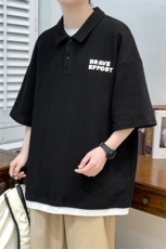 夏季青少年假两件印花半袖宽松港风翻领T恤短袖1500-P45控价68，男装T恤，电商A441-1