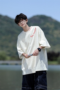 8XL-M 高级感复古扎染短袖男波浪纹半截袖美式刺绣T恤DX345图片