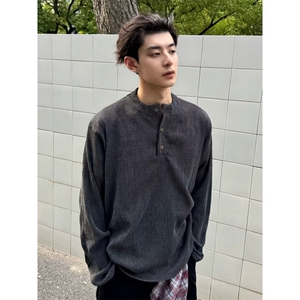 美式亨利领t恤男秋冬季校园风做旧休闲polo衫高级感宽松大码上衣图片