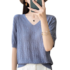 短袖T恤女2025新款V领镂空简约特大码女装夏季薄款冰丝针织衫上衣，女装针织衫/毛衣，大美人包芯纱店
