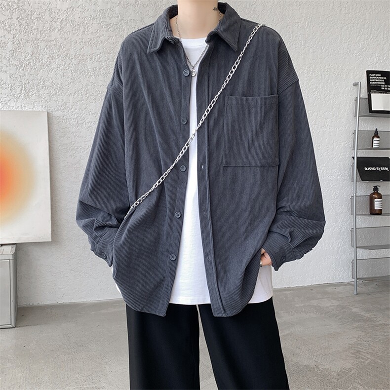 8XL-M灯芯绒衬衫特大码复古秋冬翻领长袖上衣纯色外套CS9001/P58,男装衬衫,电商B238