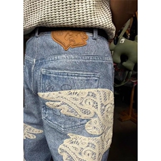 复古小众蕾丝拼接水洗牛仔裤男2025春季新款宽松直筒裤NK09，男装牛仔裤，星座1116A（原606A-3）
