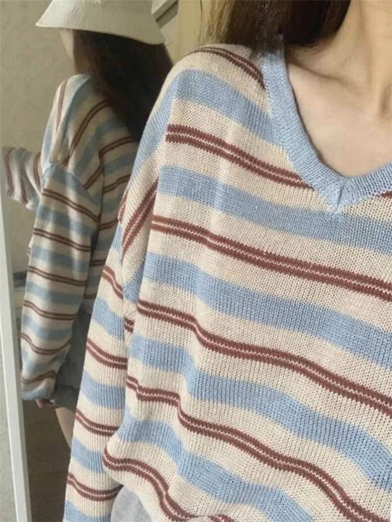 女装高级感气质减龄撞色条纹V领针织衫天丝麻材质,针织衫/毛衣,织己羊绒