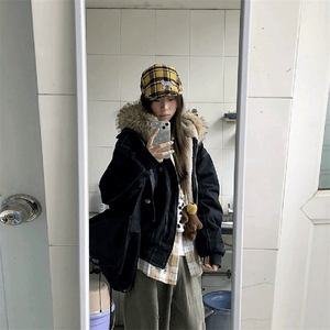 现货重磅boxy短款棉衣座山雕大毛毛领男女棉服水洗工装厚外套图片