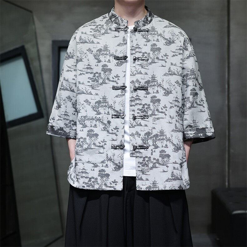 2025中式新款仿牛仔手感花纹提花七分袖衬衫开衫KS518-P75控98,男装衬衫,电商A021