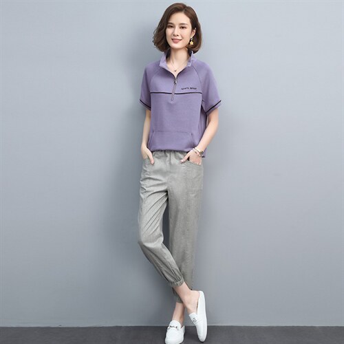 2021夏季新款简约时尚气质拉链立领宽松休闲舒适两件套,女装套装/套裙,丽影随形