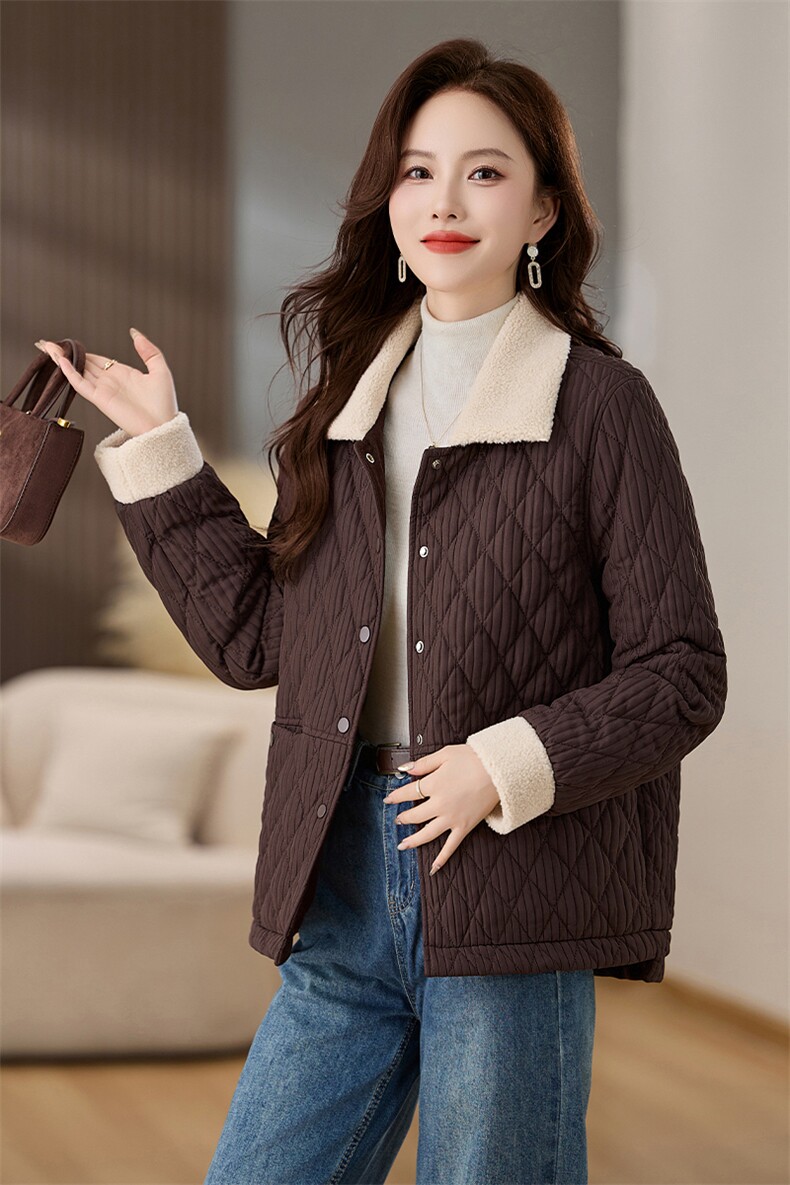 羊羔毛拼接棉衣棉服女2024冬新款休闲百搭菱格夹棉外套洋气小棉袄,女装棉衣/棉服,姿衣坊