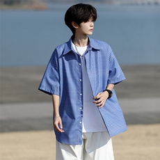 8XL-M短袖衬衫男夏宽松慵懒风痞帅条纹格子衫半袖外套DC28005P40，男装衬衫，电商B312