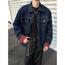 美式复古格纹拼接牛仔外套男女休闲宽松百搭工装夹克潮JK1166-P78，男装夹克，星座1103-3