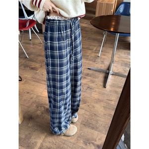 蕾丝花边格子休闲裤女秋季2025新款磨毛设计宽松阔腿裤AK2445p50图片