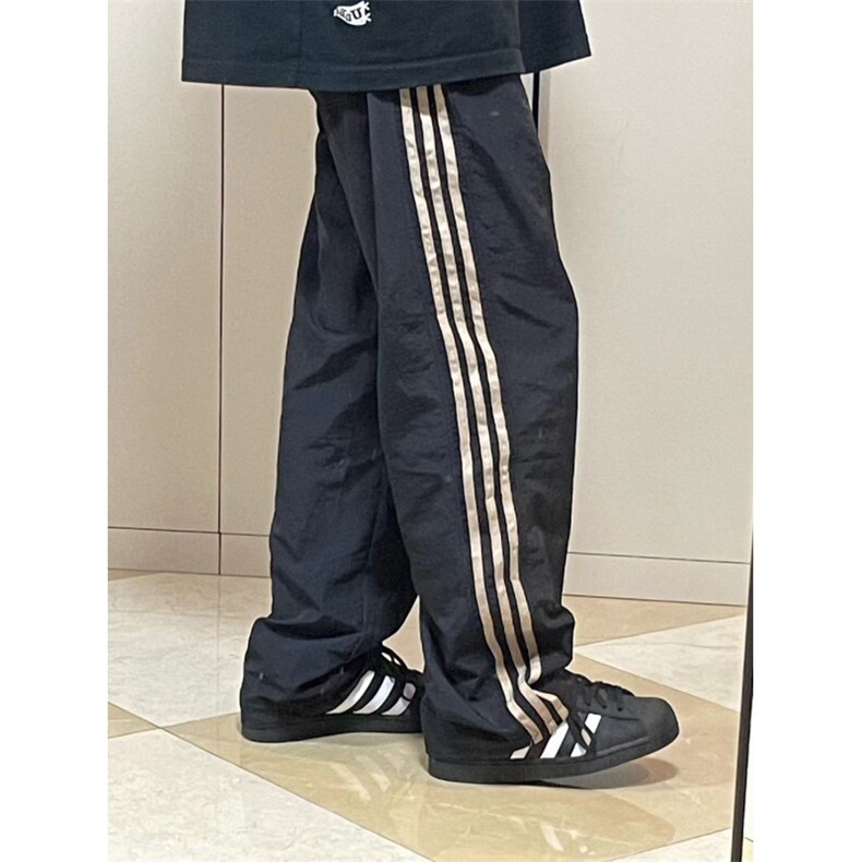 07qwer黑色三条杠裤子春秋直筒侧边条纹速干运动裤户外工装裤男款图片