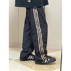 07qwer黑色三条杠裤子春秋直筒侧边条纹速干运动裤户外工装裤男款图片