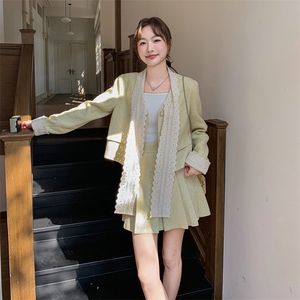 法式小香风小个子穿搭一整套女2025春新款蝴蝶结外套百褶裙两件套图片