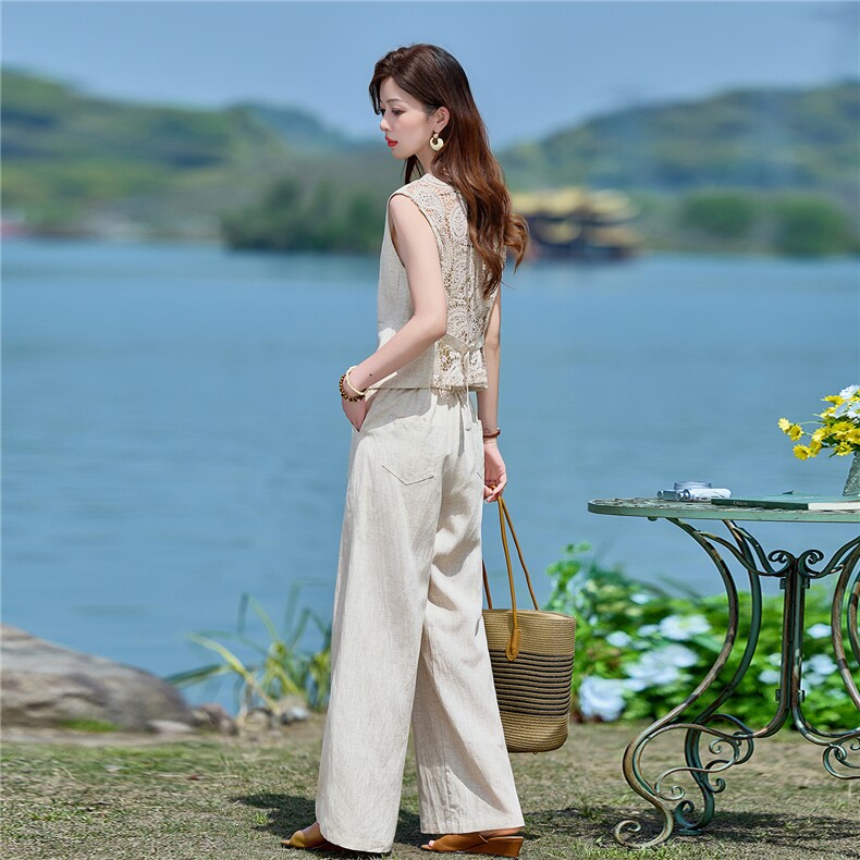 现货，2026年夏季新款高端无袖亚麻阔腿裤两件套女,女装套装/套裙,E百度
