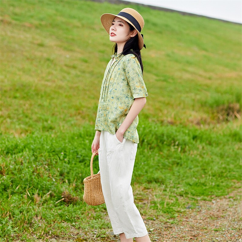苎麻文艺风2026年春季女短袖宽松薄,女装衬衫,江南依恋