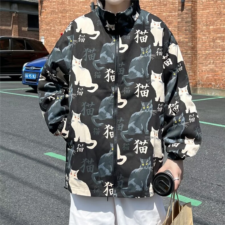 港风秋款男双层夹克猫咪汉字印花休闲外套JK961P45,男装夹克,星座1013-1