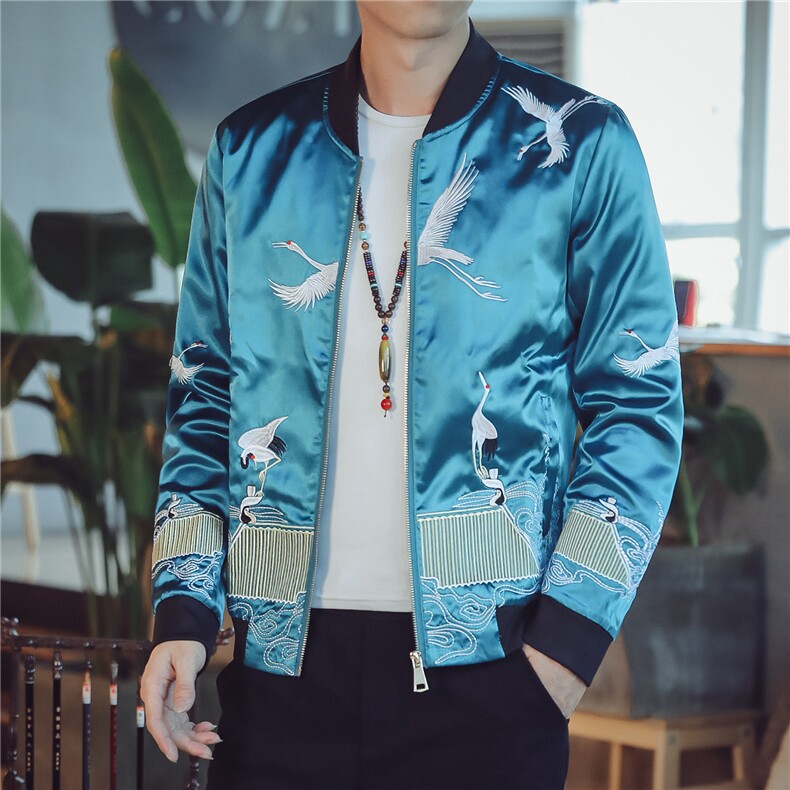 7033春装中国风仙鹤重工刺绣修身夹克男国潮外套QT715,男装夹克,钱塘715