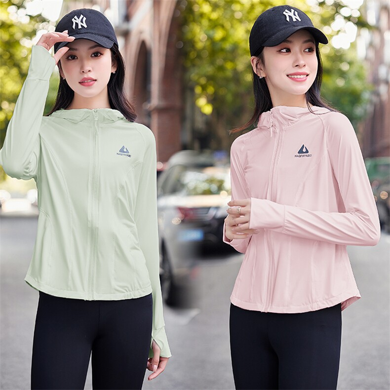 现货秒发2025新款韩版冰凉透气连帽遮阳长袖防晒衣瑜伽服，女装防晒衣，星宇服饰