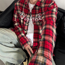 美式复古刺绣格子衬衫男长袖潮牌hiphop春季情侣衬衣外WLC066-P35，男装衬衫，星座1008
