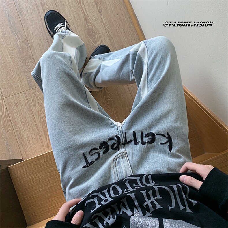 B221美式ins高街小众刺绣拼接直筒小脚牛仔裤LK23034-P65控88,男装牛仔裤,电商B221