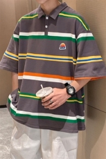 美式条纹短袖polo衫男女大码M-5XL港风翻领短袖T恤DP77010P50控78，男装Polo衫，星座227-7