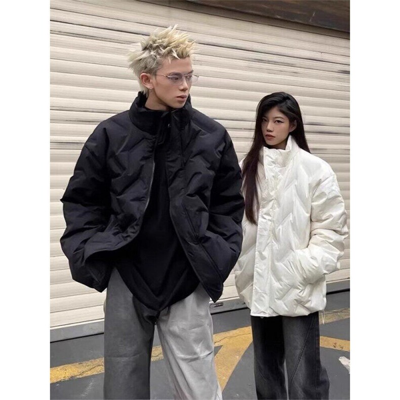 立领日系文艺常规款时尚流行宽松型黑色菱形格棉服冬款夹克外套图片