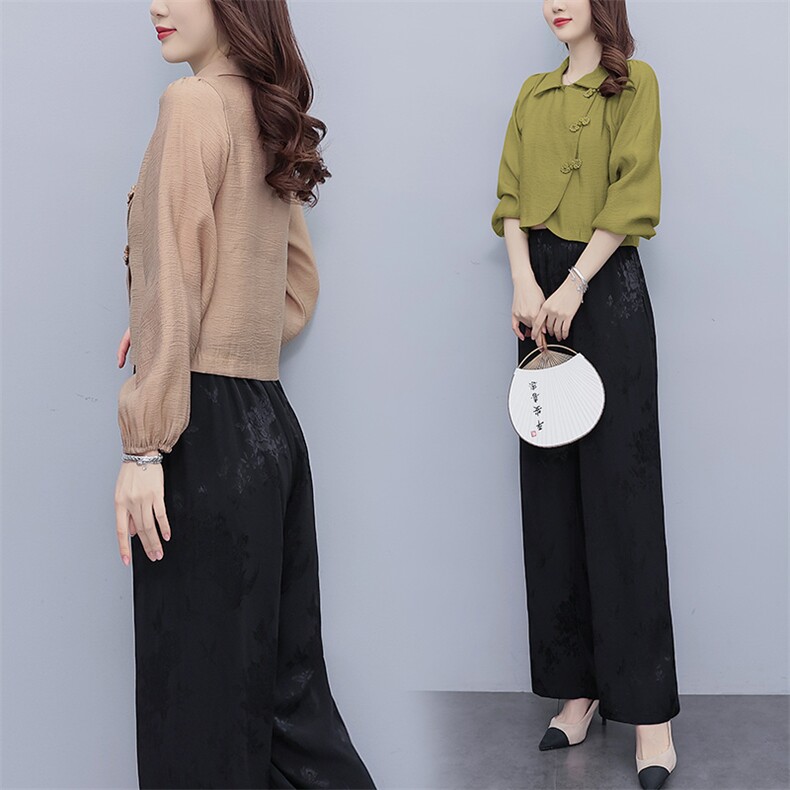 芷墨新款时尚复古俩件套套装中式盘扣上衣裤子套装改良日常汉服女,商品下架区,芷墨服饰