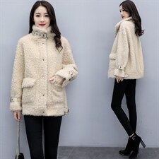 2025新款颗粒绒爱美利时尚气质皮毛一体韩版立领纯色羊毛外套，女装毛呢外套，媚琳依坊