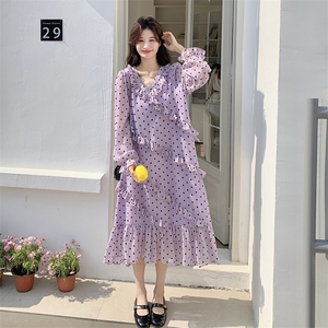 绝美紫色木耳边波点连衣裙女2025夏季新款韩系温柔风宽松v领长裙图片