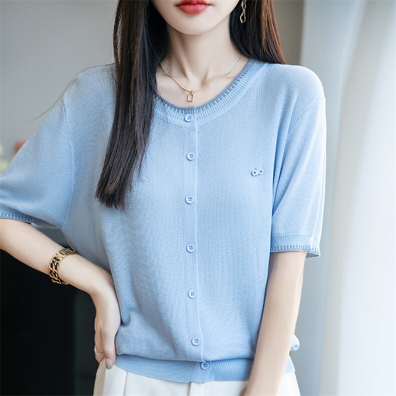 夏季圆领撞色莱赛尔天丝薄款开衫短袖T恤女休闲外搭针织半袖上衣,女装T恤,菲奥羊绒