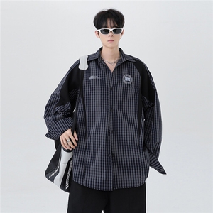 美式运动拼接条纹衬衫男女宽松情侣休闲格纹衬衣外套春季潮p58图片