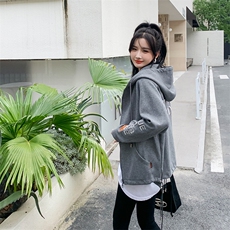 开衫卫衣拉链外套女2024春季新款韩版慵懒风连帽宽松大码外套女，女装短外套，MQ