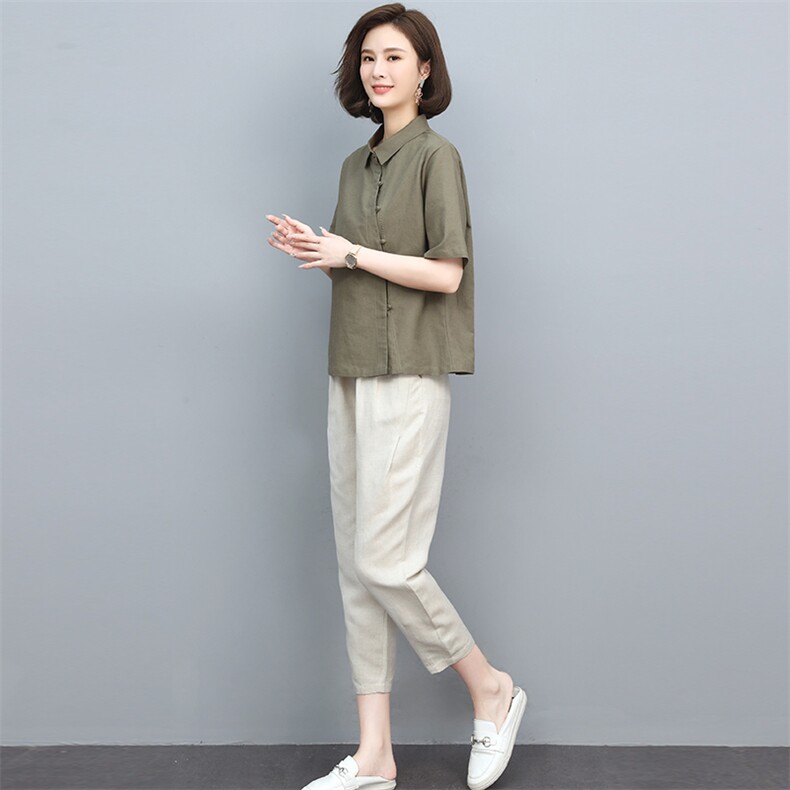 时尚休闲套装女2025新款夏装薄款棉麻翻领韩版宽松显瘦洋气两件套,女装套装/套裙,忆绮罗
