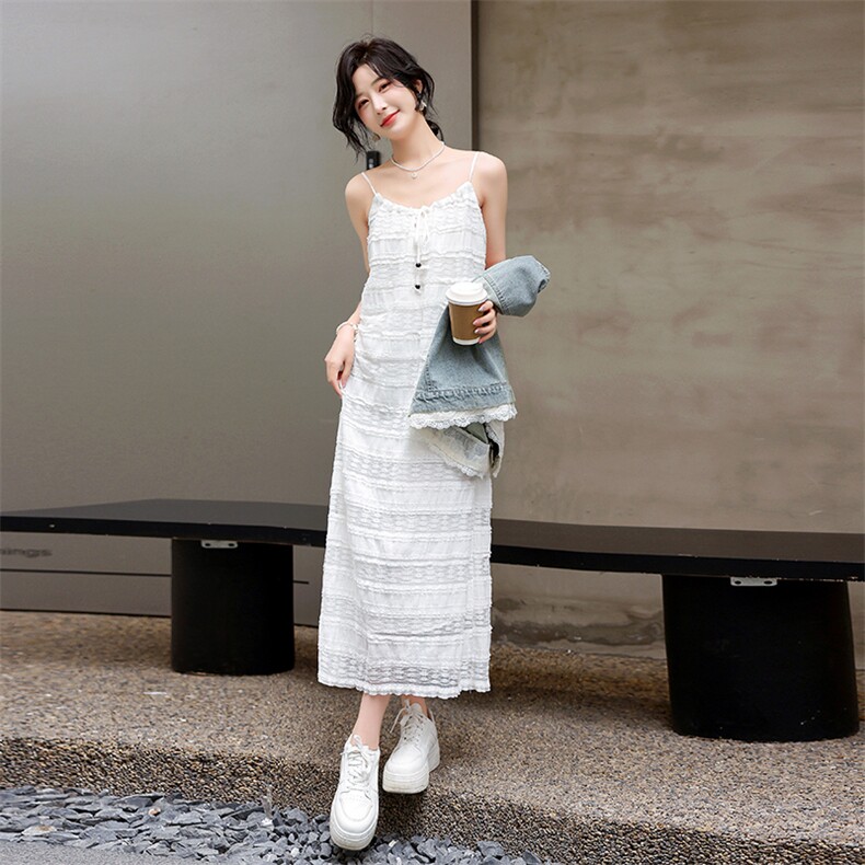 白色吊带裙女2024夏季新款减龄洋气时尚连衣裙,女装连衣裙,流量+