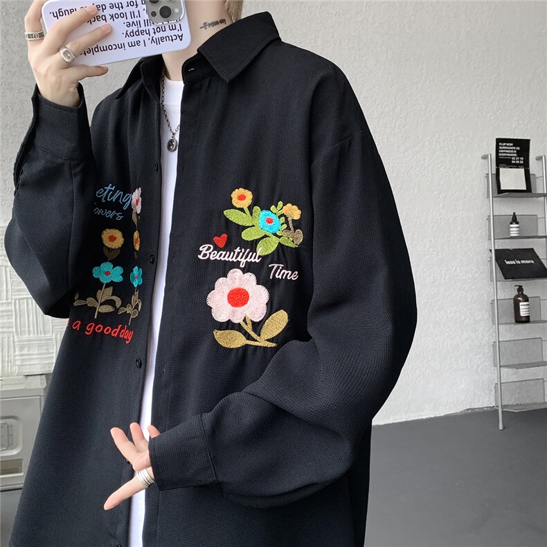 现货CS7186-P42特  控78 大码立体花卉刺绣华夫格长袖衬衫图片