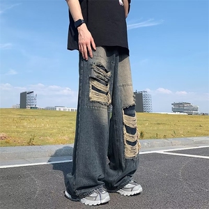 1506-1/K6221/P49破洞牛仔裤男女中性修身小直筒牛仔长裤拖地裤图片