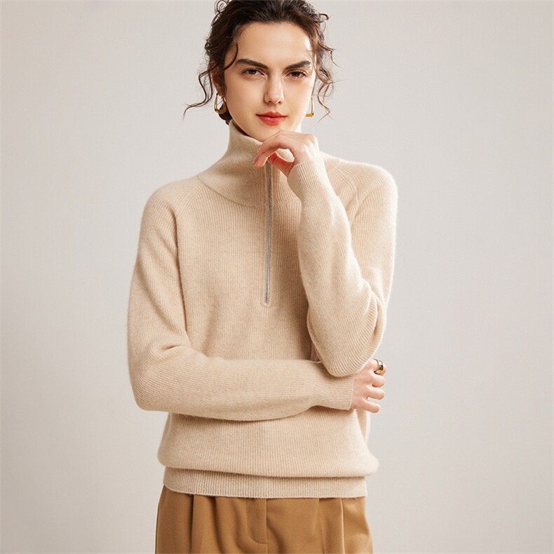 2024秋冬新款山羊绒女士半高领拉链羊绒衫，女装羊绒衫，镁纯羊绒
