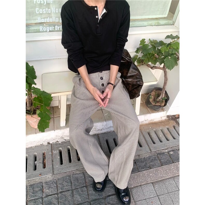 千鸟格复合打褶排扣a字阔腿西裤老钱风cleanfit通勤百搭,男装西裤,星座506A