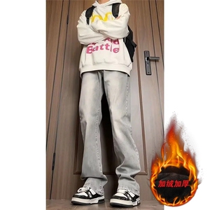 裤子高街痞帅潮牌微喇加绒牛仔裤男款弯刀修身直筒裤ANA99图片