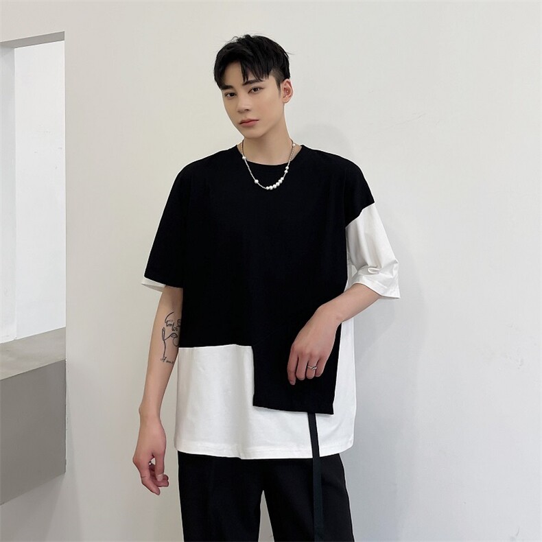 夏季暗黑个性黑白撞色不规则拼接休闲短袖男潮A345-275-P55,男装T恤,电商A345