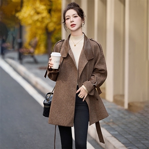 高级感PU皮拼接毛呢外套女2025秋冬新款小个子收腰显瘦英伦风大衣图片