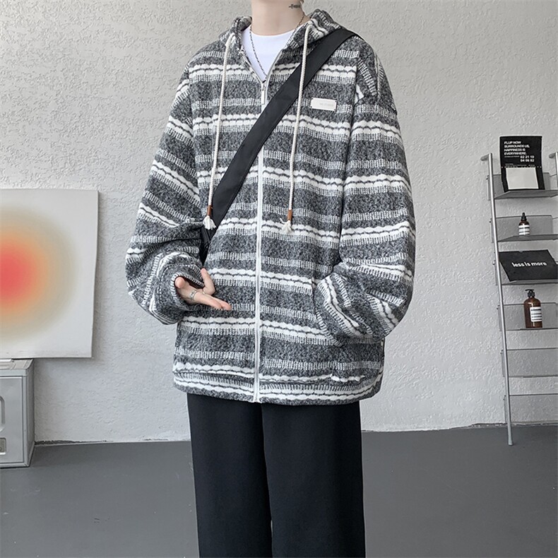 8XL-M潮情侣美式磨毛编织条纹针织衫卫衣宽松拉链外套WY30P88,男装针织衫/毛衣,电商D206-1