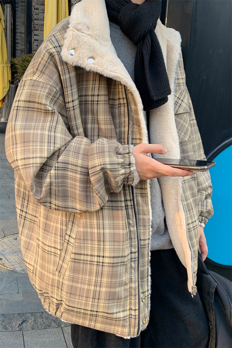 冬季棉服加厚保暖格子棉衣港风潮流两面穿羊羔毛外套男MY56-P135，男装棉衣，电商B295