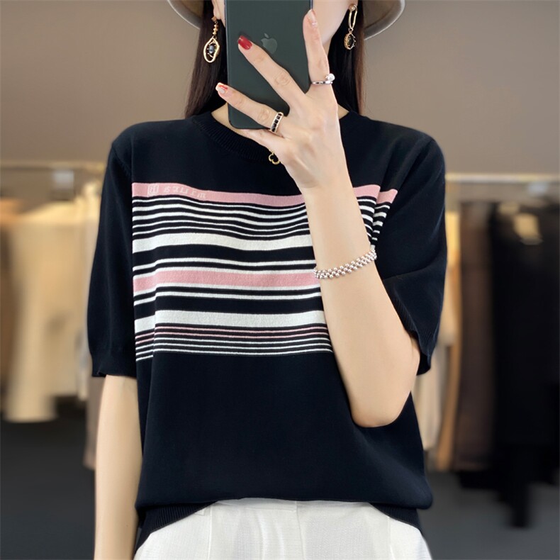 女士夏季时尚气质百搭轻薄凉爽的天丝条纹短袖,女装T恤,大美人包芯纱店
