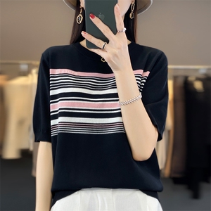 女士夏季时尚气质百搭轻薄凉爽的天丝条纹短袖图片