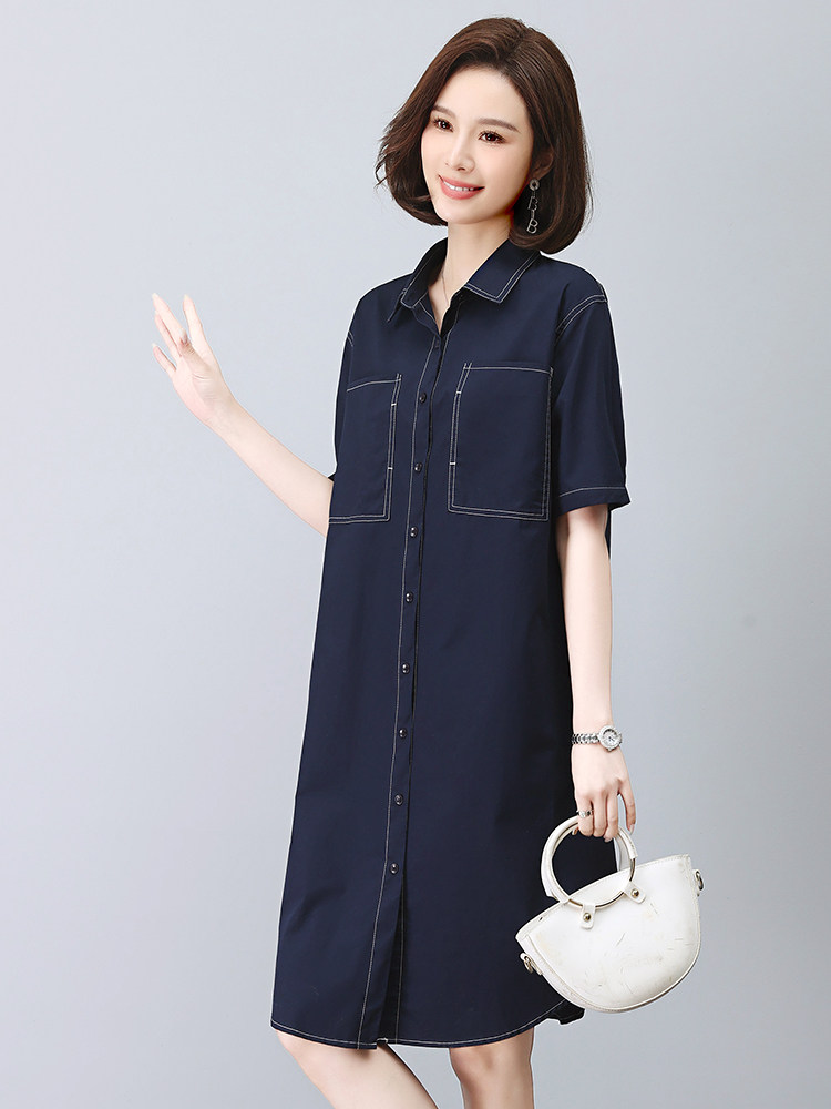 大码新款复古中袖Polo领牛仔连衣裙宽松胖妹妹女装夏专柜代购,女装连衣裙,悦见她