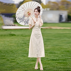 《48H发》气质时尚剪花盘扣复古旗袍连衣裙，女装连衣裙，魅丽静蓝