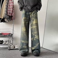 美式高街vibe做旧迷彩牛仔裤男春季潮牌设计感休闲百搭直筒长裤，男装牛仔裤，星座410-6（原星座1304-1）